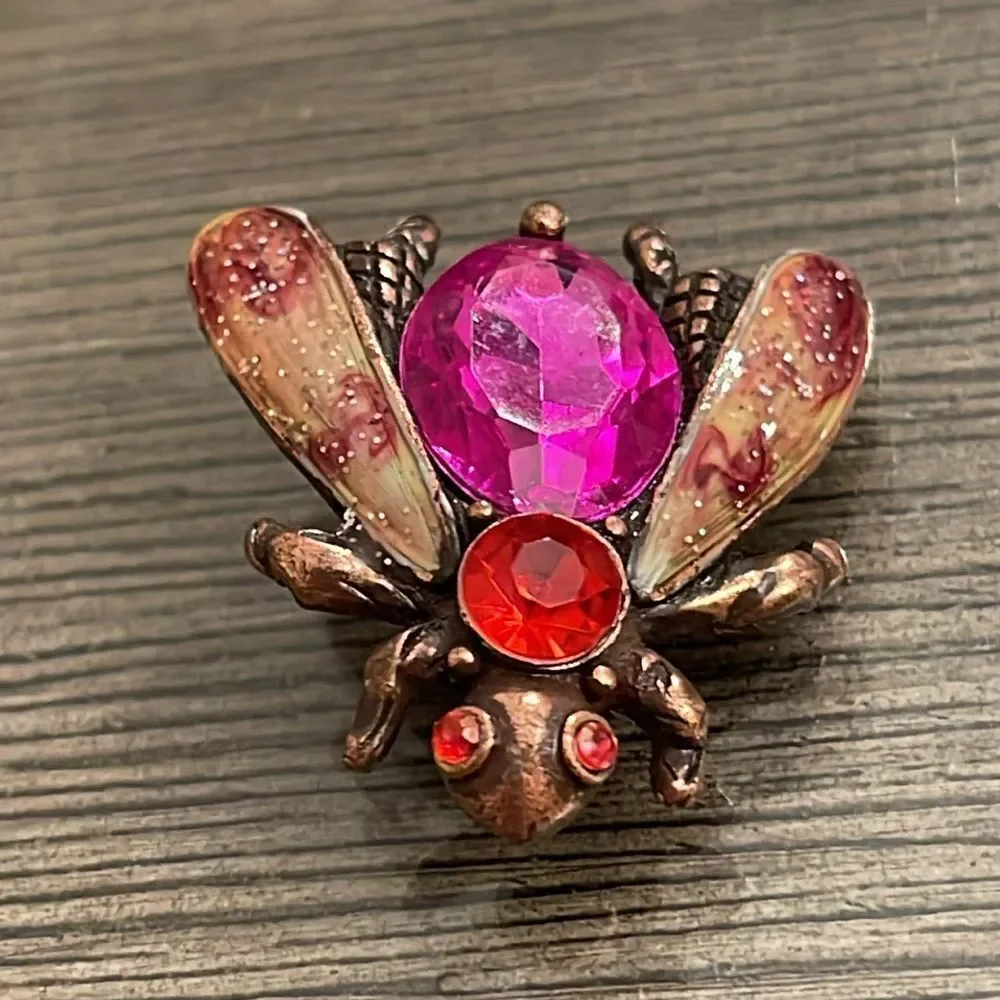Vintage LAILA ROWE Bee - Insect - Bug Brooch Pink, & Red Rhinestones, Enamel